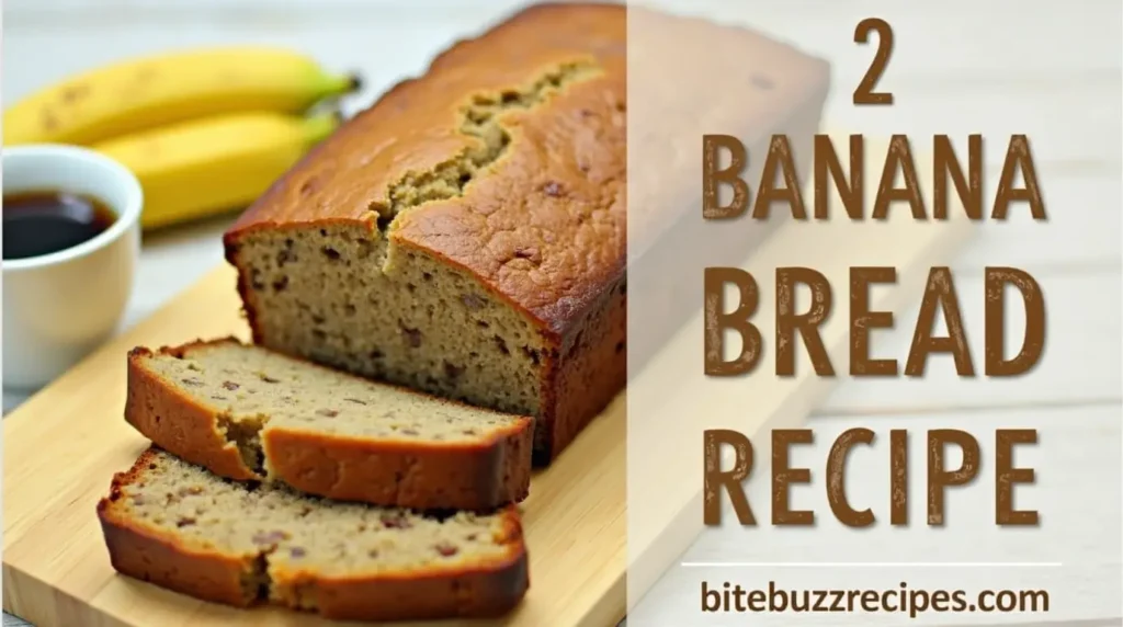 A freshly baked loaf of banana bread made with two bananas, sliced to reveal its moist texture, placed on a wooden cutting board with bananas and coffee in the background.