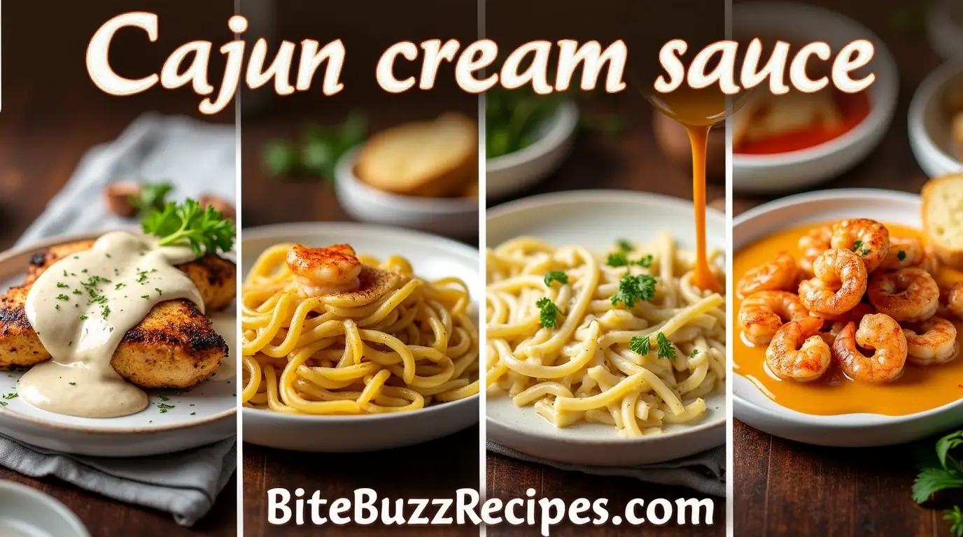 Multiple variations of Cajun Cream Sauce served with grilled chicken, pasta, shrimp, and as a dipping sauce with bread on a rustic table setting.