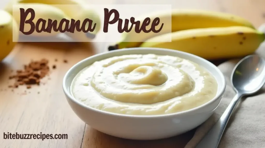 Banana puree in a white bowl on a wooden counter, surrounded by ripe bananas and a sprinkle of cinnamon.