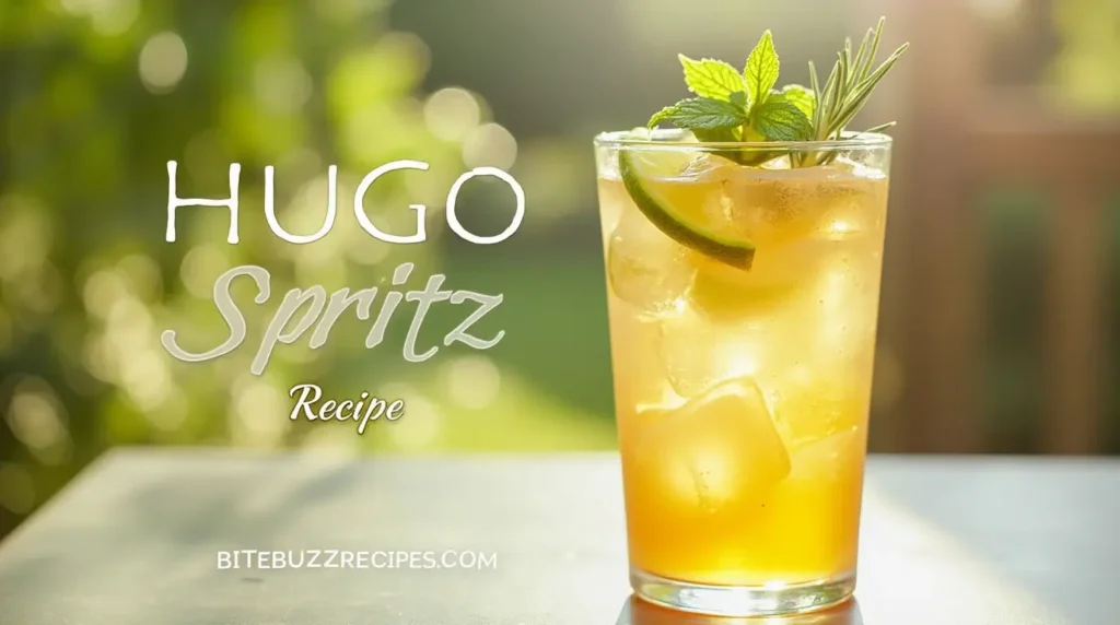 Refreshing Hugo Spritz cocktail served with mint, lime, and rosemary on a sunny terrace with the title 'Hugo Spritz Recipe: How to Make the Perfect Drink' and the website 'bitebuzzrecipes.com' at the bottom.