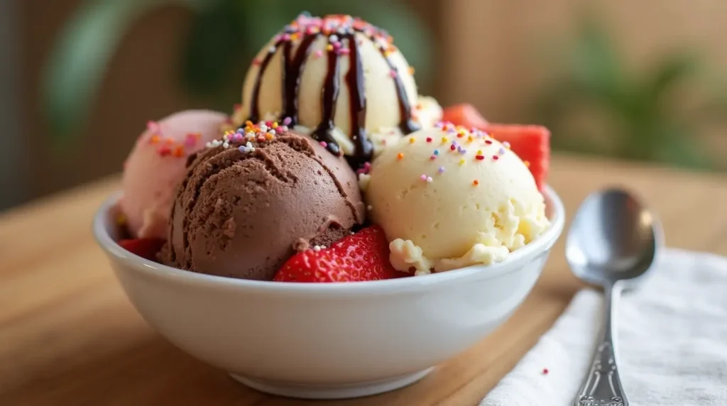 Neapolitan Ice Cream: 5 Creative Ways to Enjoy This Classic Treat 2 A bowl of Neapolitan ice cream with chocolate, vanilla, and strawberry layers, topped with chocolate syrup and colorful sprinkles