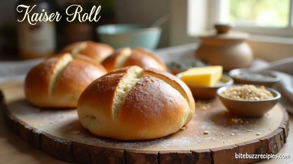 Freshly baked Kaiser roll with a golden crust, sitting on a wooden board with butter and seeds around it.