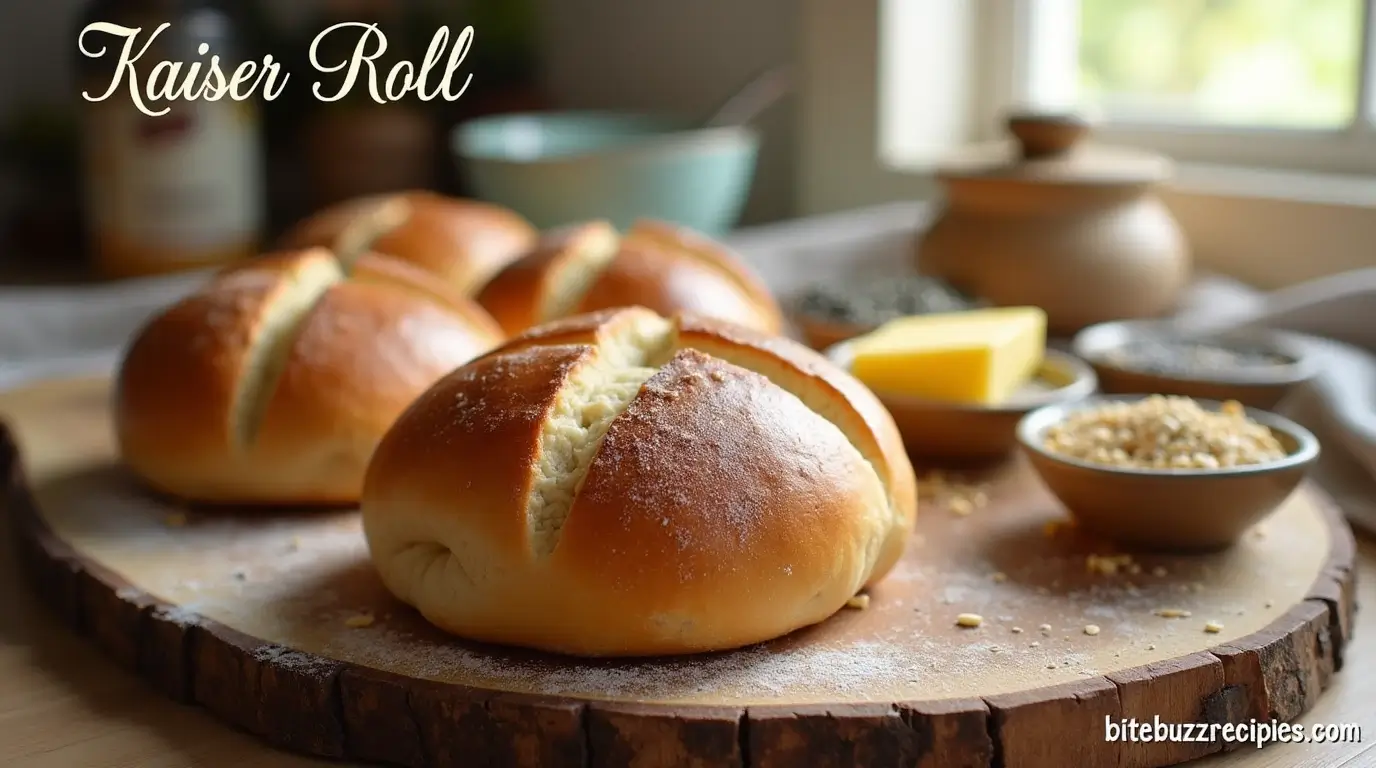 Freshly baked Kaiser roll with a golden crust, sitting on a wooden board with butter and seeds around it.