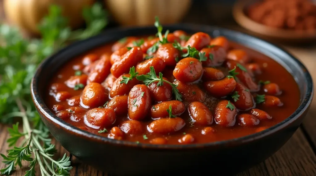 Why Smoked Baked Beans Are the Ultimate Recipe You’ll Love 4 Cast-iron skillet with smoked baked beans topped with fresh parsley, accompanied by cornbread slices on a rustic wooden table.