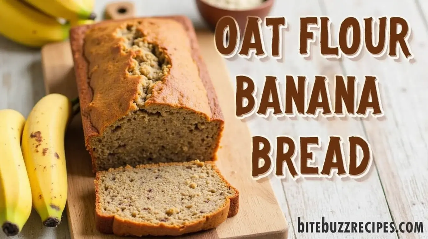 Oat Flour Banana Bread: 5 Easy Steps to Make it Perfect at Home 1 A loaf of oat flour banana bread sliced on a wooden board with bananas and oat flour in the background.