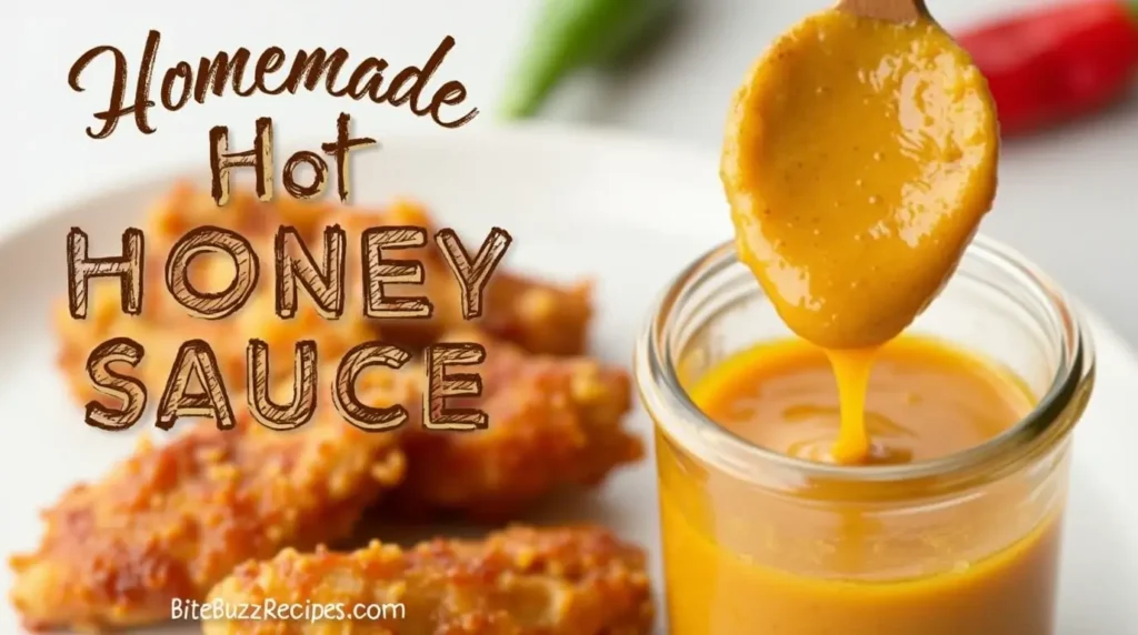 A jar of Hot Honey Sauce drizzled over crispy chicken wings with chili peppers and honey.