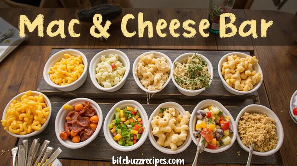 Mac and Cheese Bar with various toppings on a wooden table, offering a fun and customizable dining experience.