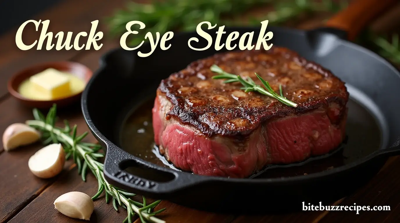 How to Cook the Perfect Chuck Eye Steak: Tips and Recipes 1 A perfectly seared chuck eye steak on a cast iron skillet, garnished with fresh rosemary, garlic cloves, and melted butter, with "Chuck Eye Steak" written at the top and "bitebuzzrecipes.com" at the bottom.