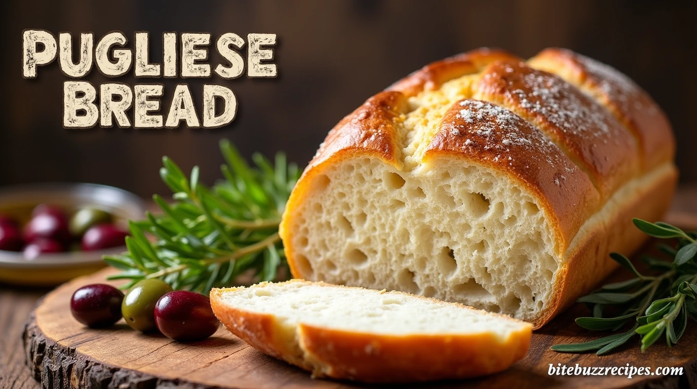 A freshly baked Pugliese Bread with a golden crust, sliced to show its soft, airy texture, surrounded by fresh herbs and olives.