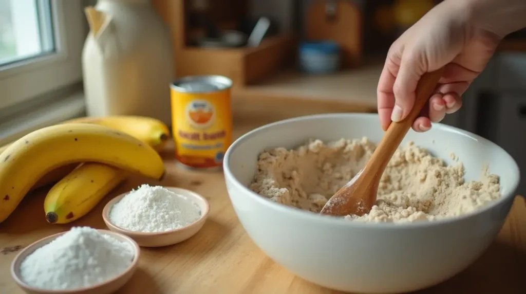 4 Ingredient Banana Bread: Quick, Easy, and Perfect Every Time 3 Ingredients for 4 ingredient banana bread including ripe bananas, flour, sugar, and baking soda on a kitchen counter, with hands mixing them together in a bowl.