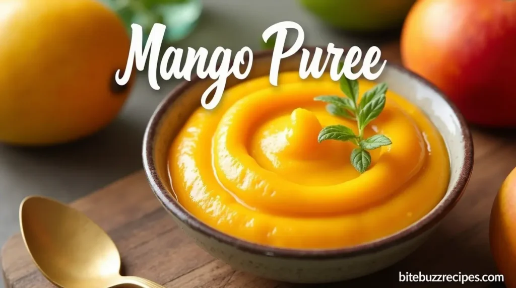 How to Make an Amazing Mango Puree for Sweet and Savory Recipes 9 A bowl of creamy mango puree on a wooden table surrounded by fresh mangoes and a spoon.