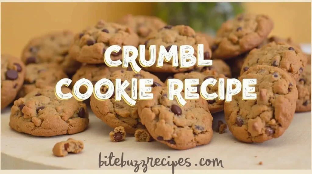 The Ultimate Crumbl Cookie Recipe: How to Make Perfect Cookies Every Time 3 Close-up image of freshly baked Crumbl cookies with chocolate chips and vibrant toppings, with the text "Crumbl Cookie Recipe" at the top and "bitebuzzrecipes.com" at the bottom.