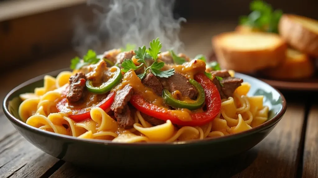 Why Philly Cheesesteak Pasta Recipe Is Perfect for Dinner Tonight 3 A bowl of Philly Cheesesteak Pasta topped with fresh parsley, featuring steak, bell peppers, onions, and a creamy cheese sauce.