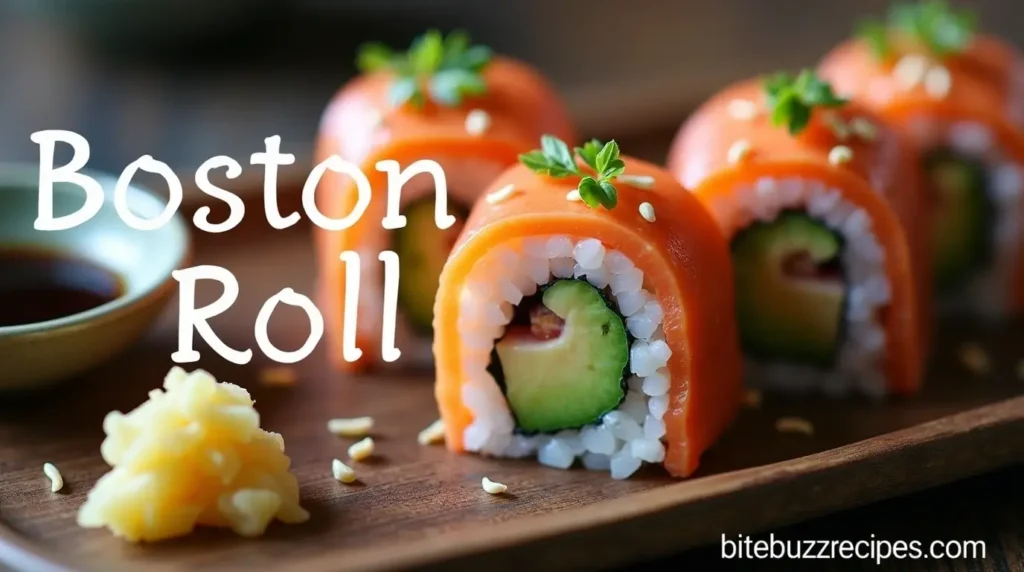 Boston Roll Recipe: How to Make the Perfect Sushi Roll 4 Close-up of a sliced Boston Roll sushi on a wooden plate, garnished with sesame seeds, served with soy sauce, wasabi, and pickled ginger.