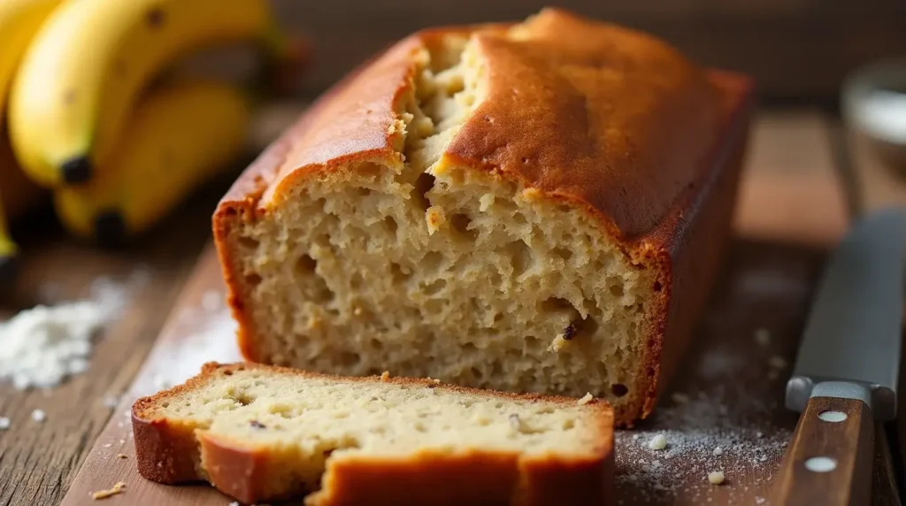 4 Ingredient Banana Bread: Quick, Easy, and Perfect Every Time 5 Freshly baked 4 ingredient banana bread with a golden-brown crust and soft, moist interior, placed on a rustic wooden surface.