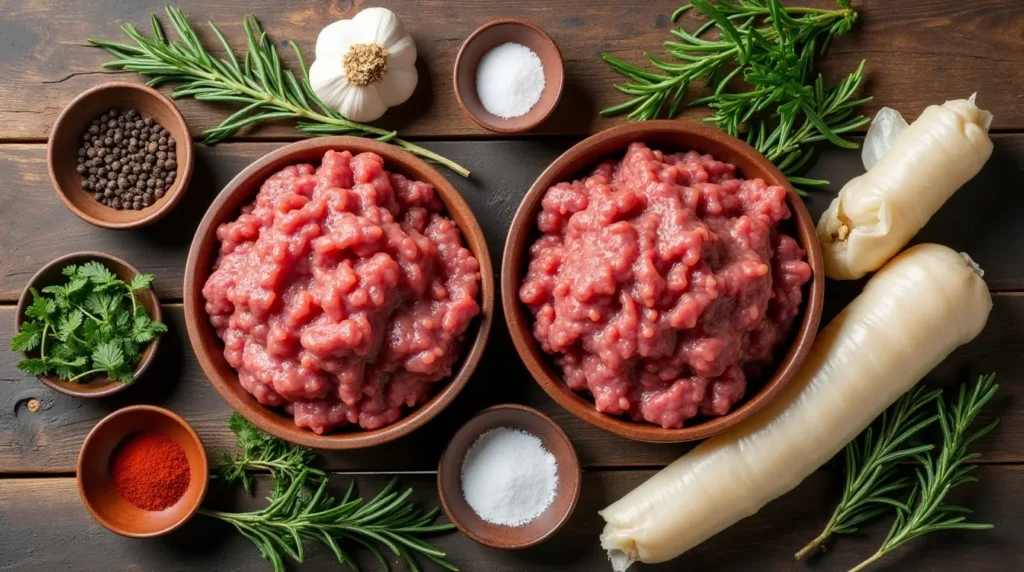 Beef Sausage Recipe: 5 Easy Steps for the Ultimate Dish 2 Ingredients for beef sausage on a wooden table, including ground beef, garlic, herbs, spices, and natural casings.
