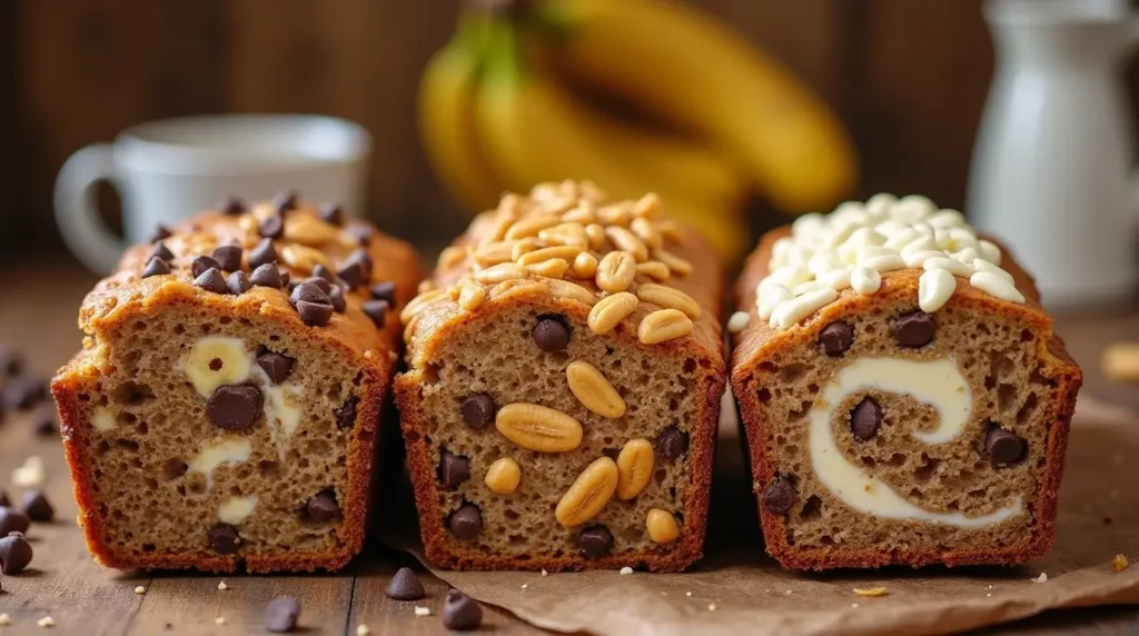 Cake Mix Banana Bread: 4 Quick and Easy Steps to Perfection 4 Different variations of cake mix banana bread, including loaves with chocolate chips, nuts, and cream cheese swirl, displayed on a wooden table.