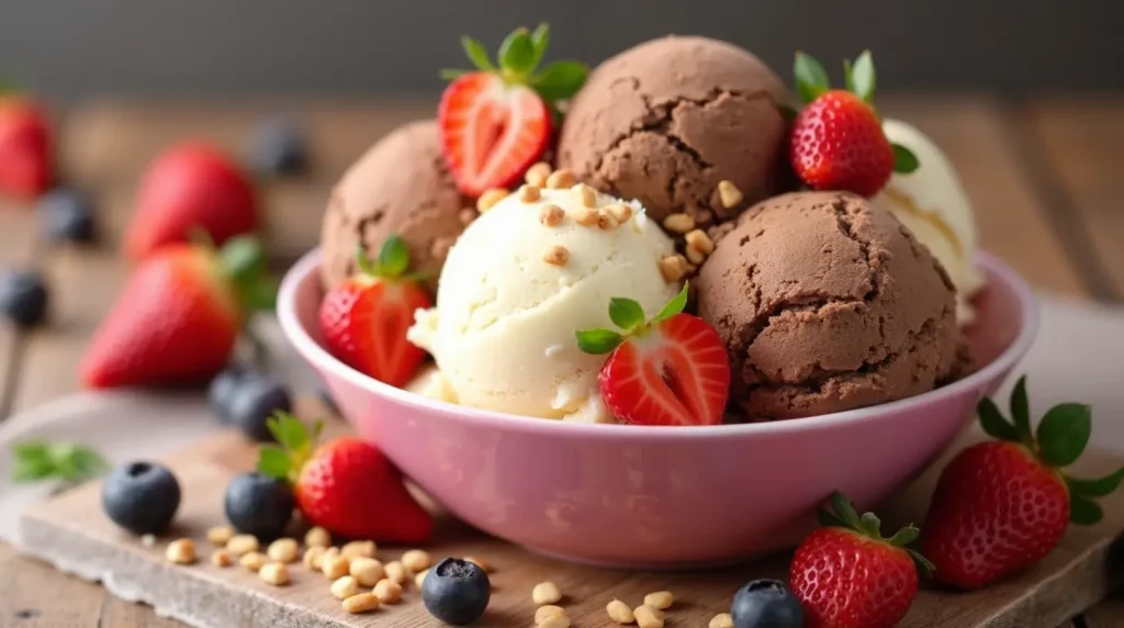 Neapolitan Ice Cream: 5 Creative Ways to Enjoy This Classic Treat 3 Delicious homemade Neapolitan ice cream in a bowl, featuring chocolate, vanilla, and strawberry layers, garnished with fresh fruits and nuts.