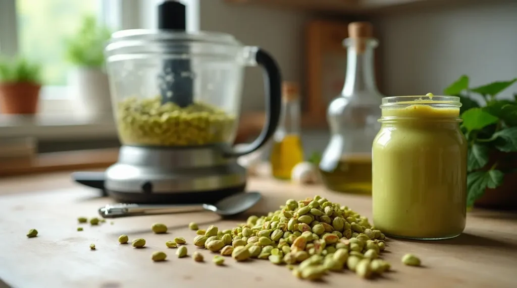 5 Reasons Why Pistachio Butter Should Be Your New Favorite Spread 3 Close-up of a food processor blending pistachios into creamy pistachio butter in a kitchen setting.