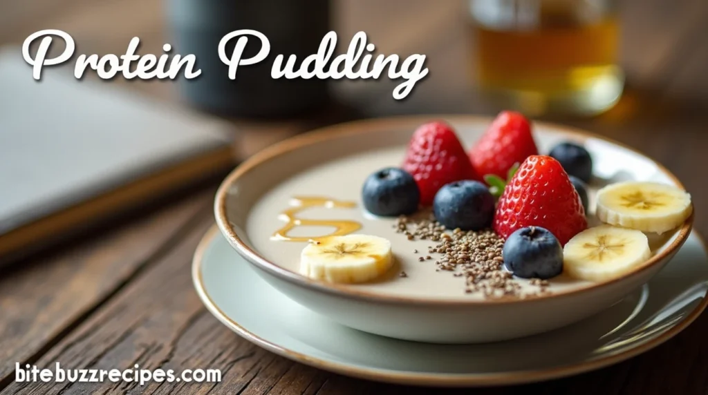 How to Make Delicious Protein Pudding: A Healthy and Easy Recipe 3 A bowl of creamy protein pudding topped with fresh berries and nuts, set in a bright kitchen.