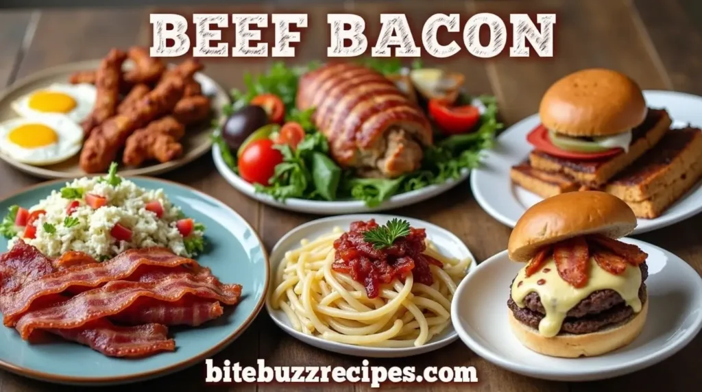 An array of dishes featuring beef bacon, including a breakfast platter, bacon-wrapped chicken, Caesar salad, cheeseburger, and pasta, displayed on a wooden table.