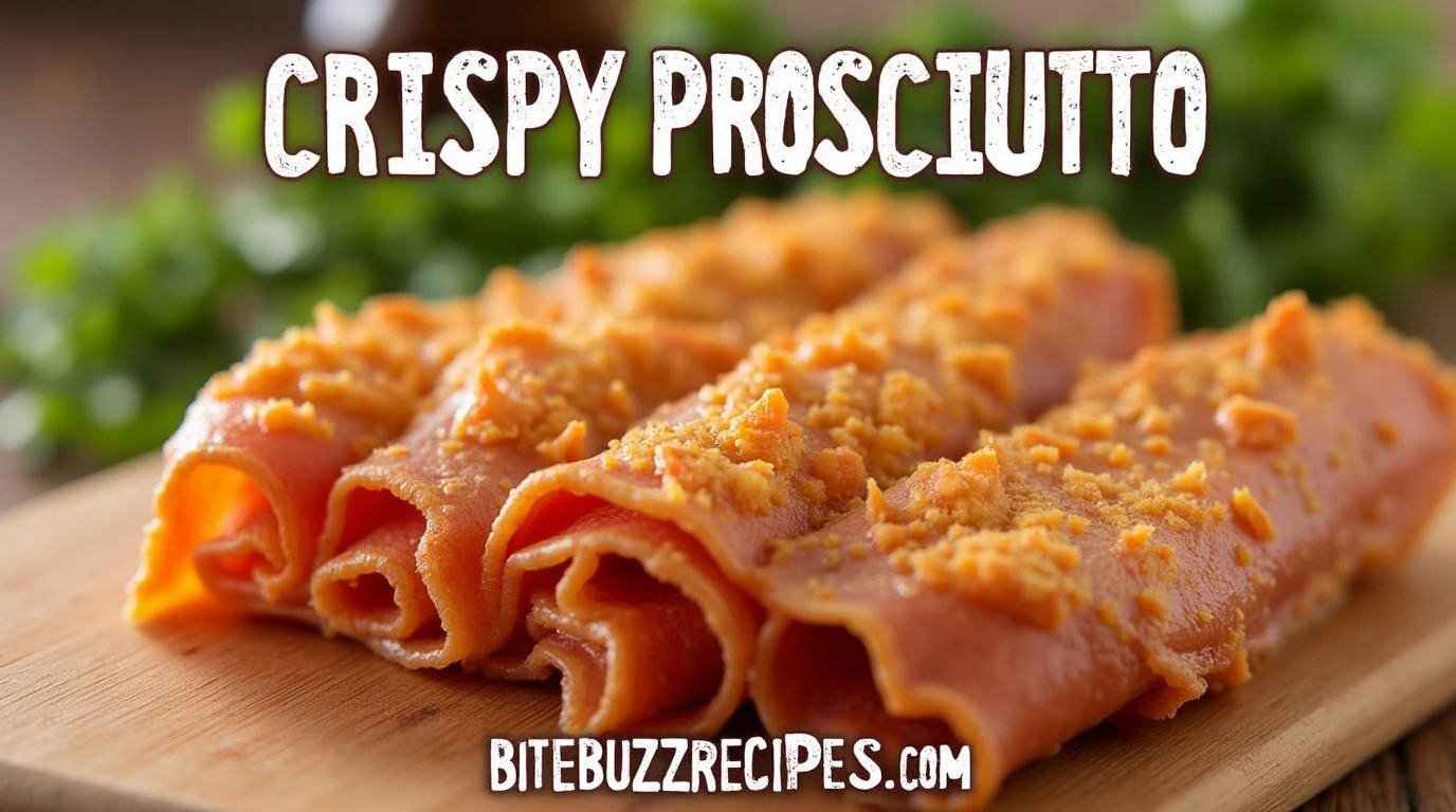 Golden, crispy prosciutto served on a wooden plate with fresh herbs.