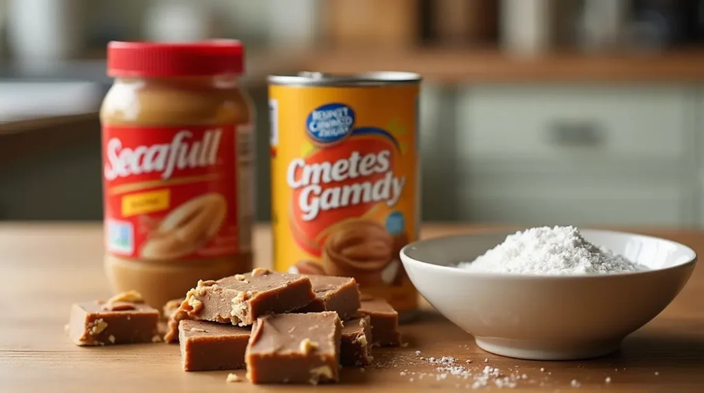 Quick 3 Ingredient Peanut Butter Fudge Recipe – Easy & Delicious 2 Ingredients for 3 Ingredient Peanut Butter Fudge: peanut butter, sweetened condensed milk, and powdered sugar on a wooden countertop.