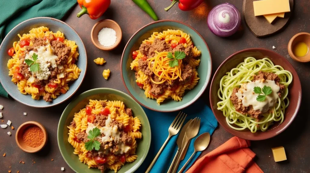 Why Philly Cheesesteak Pasta Recipe Is Perfect for Dinner Tonight 5 An assortment of Philly Cheesesteak Pasta variations, including a vegan option, baked pasta, and a low-carb version, styled on a rustic table with fresh ingredients.