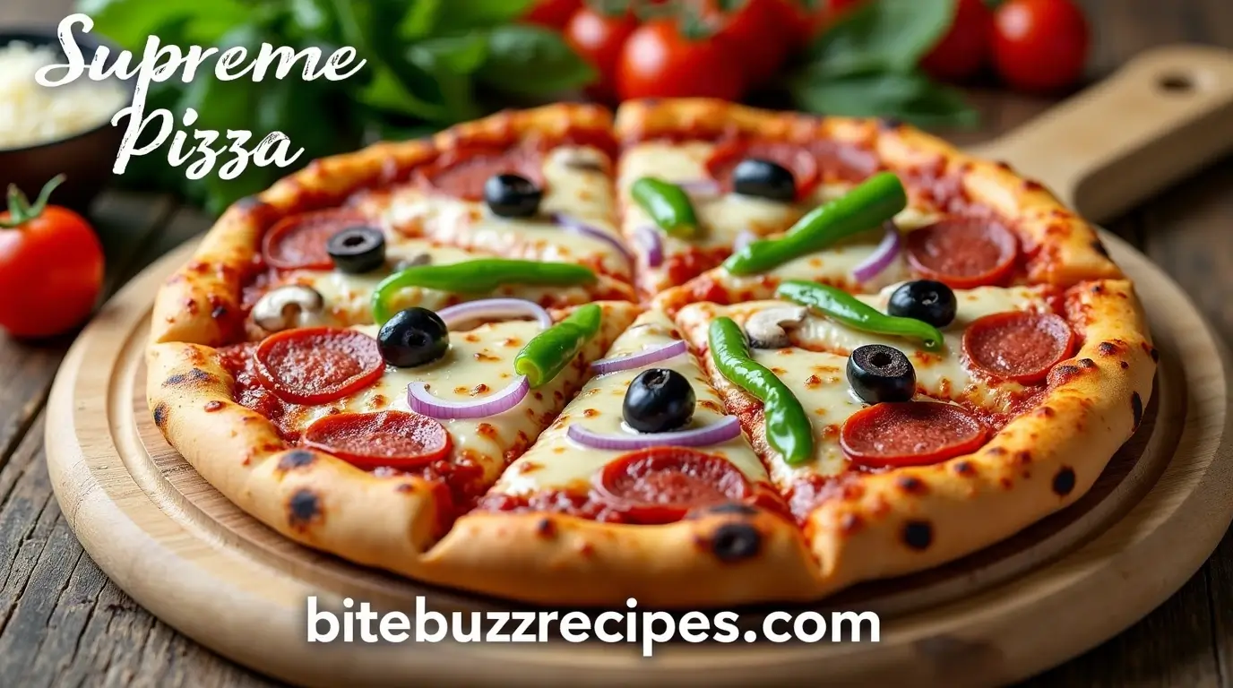 How to Perfect Your Supreme Pizza: Easy Tips and Irresistible Recipes 1 Supreme Pizza with melted cheese, pepperoni, green peppers, onions, black olives, mushrooms, and fresh ingredients on a wooden board.