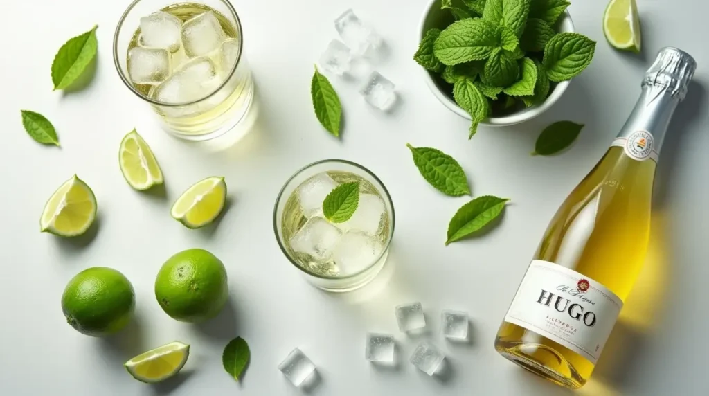 Hugo Spritz Cocktail Recipe: How to Make the Perfect St-Germain Spritz 2 Key ingredients for Hugo Spritz cocktail: elderflower liqueur, Prosecco, soda water, mint leaves, lime, and ice cubes.
