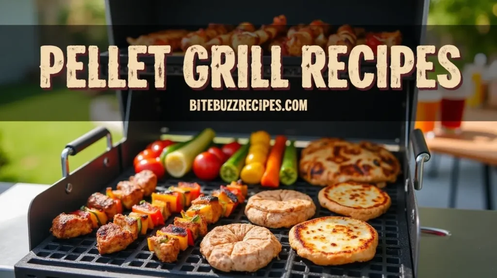 A modern pellet grill loaded with chicken skewers, vegetable skewers, turkey burgers, and flatbread pizzas in an outdoor backyard setting.
