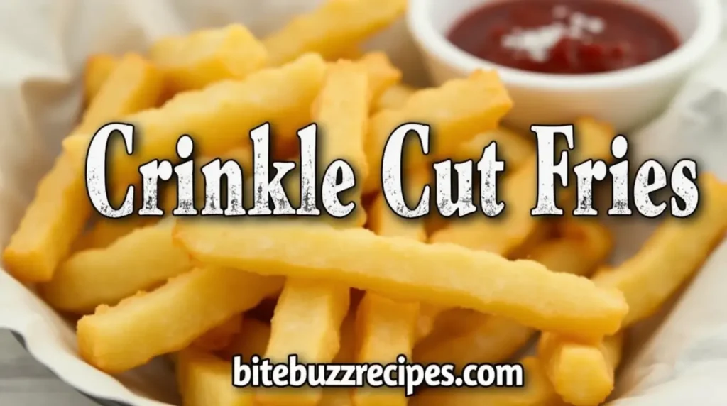 A basket of golden, crispy crinkle cut fries served with ketchup.