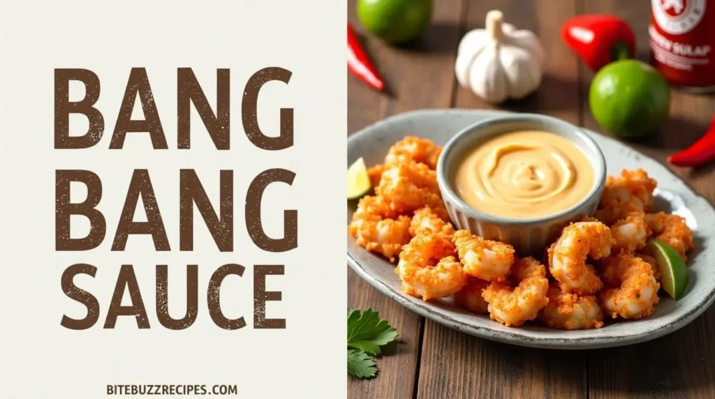 A bowl of homemade bang bang sauce surrounded by fresh ingredients and served with crispy shrimp on a wooden table.