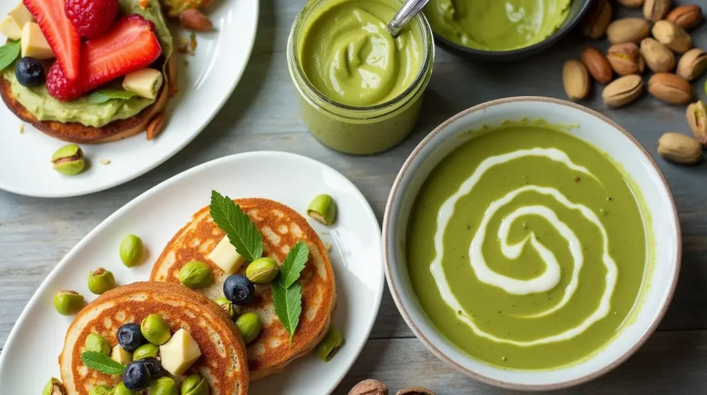 5 Reasons Why Pistachio Butter Should Be Your New Favorite Spread 4 Creative ways to use pistachio butter, featuring toast, pancakes, a smoothie bowl, and a jar of pistachio butter on a rustic wooden table.