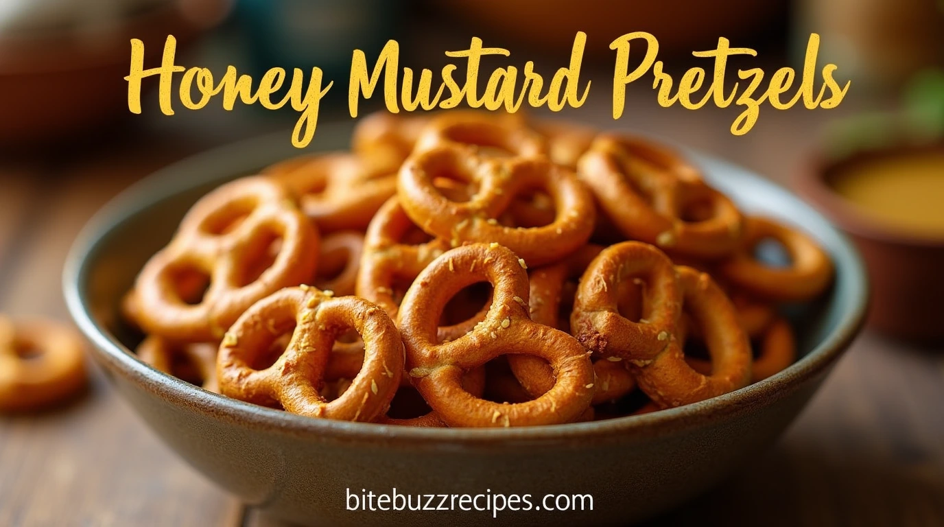 Delicious honey mustard pretzels with a honey mustard dip on the side, placed on a rustic wooden table.