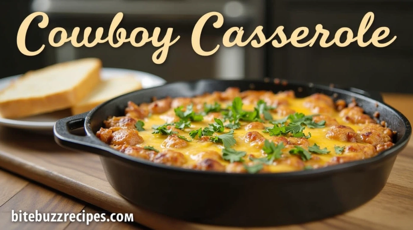 How to Make The Best Cowboy Casserole Recipe in Just 5 Steps 1 Delicious homemade cowboy casserole recipe in a cast-iron skillet, topped with melted cheese and fresh herbs.