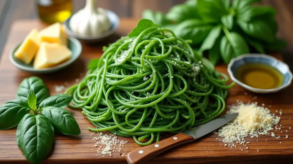 10 Amazing Green Spaghetti Recipes You Need to Try Today 2 Fresh ingredients for green spaghetti: spinach, basil, garlic, olive oil, and Parmesan cheese on a wooden cutting board.