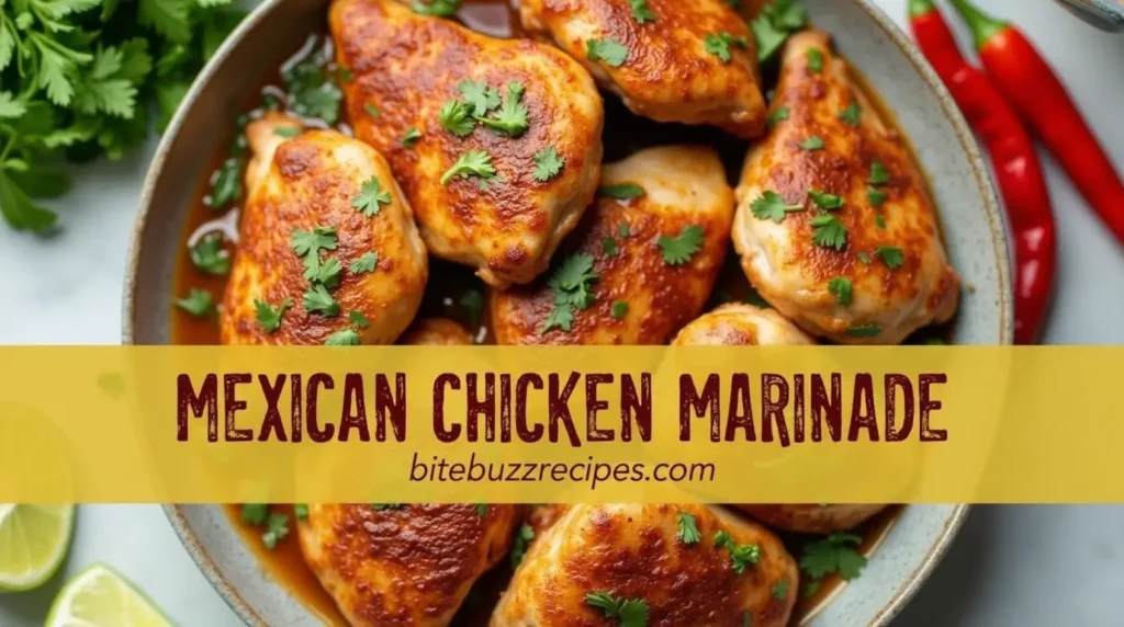 Mexican chicken marinade with lime, garlic, chili powder, and cilantro coating raw chicken pieces.