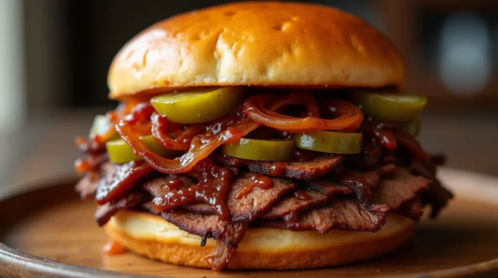 Brisket Sandwich Recipe: 4 Tips and Tricks to Make it Perfect 4 Close-up of a perfect brisket sandwich with smoked brisket, pickles, BBQ sauce, and crispy onions on a toasted bun.
