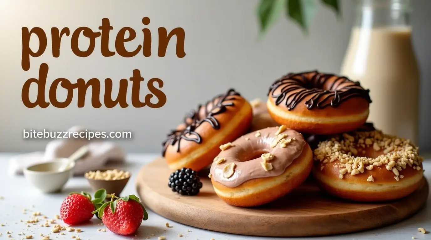 A close-up of protein donuts with assorted toppings like chocolate drizzle and berries, placed on a wooden board in a cozy kitchen setting.