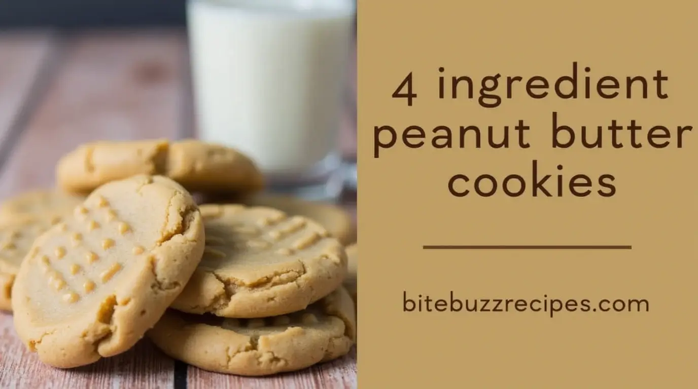 A stack of golden-brown 4 ingredient peanut butter cookies with a crisscross pattern, served on a rustic table with a glass of milk.