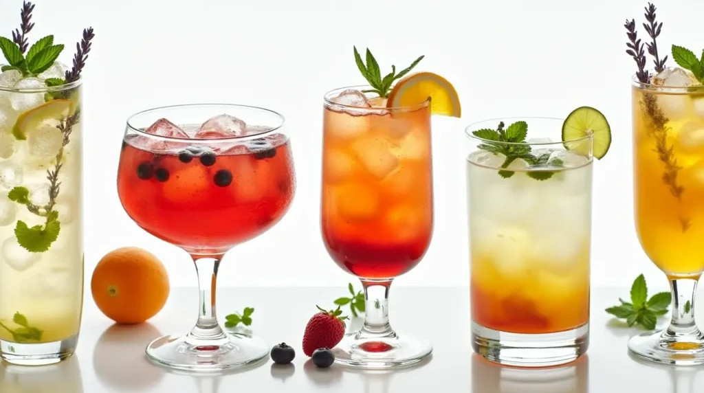 Hugo Spritz Cocktail Recipe: How to Make the Perfect St-Germain Spritz 5 Hugo Spritz variations with fresh herbs, citrus, and floral garnishes in elegant glasses.