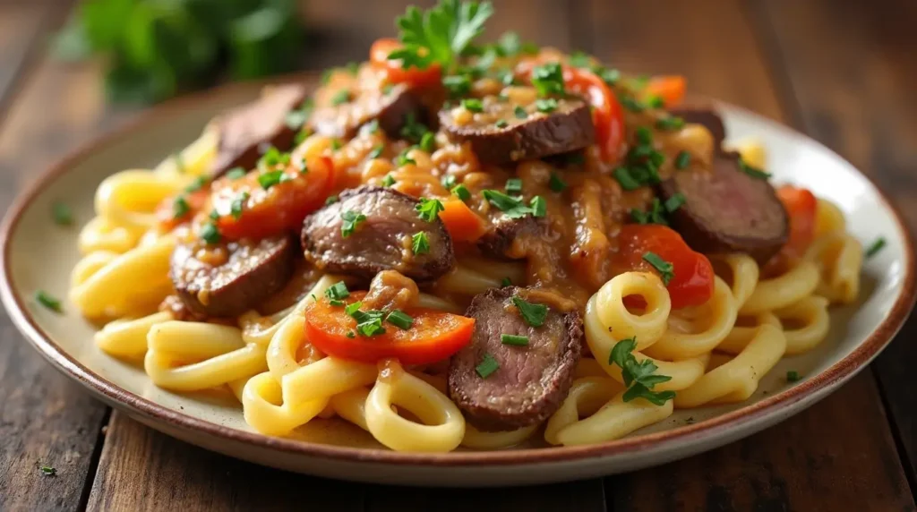 Why Philly Cheesesteak Pasta Recipe Is Perfect for Dinner Tonight 4 A plate of Philly Cheesesteak Pasta with steak, bell peppers, onions, and a creamy cheese sauce, garnished with parsley.