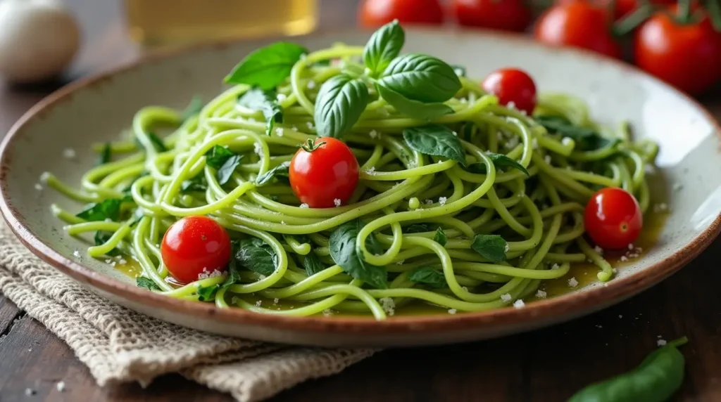 10 Amazing Green Spaghetti Recipes You Need to Try Today 3 A plate of vibrant green spaghetti garnished with fresh basil, cherry tomatoes, and a drizzle of olive oil on a rustic wooden table.