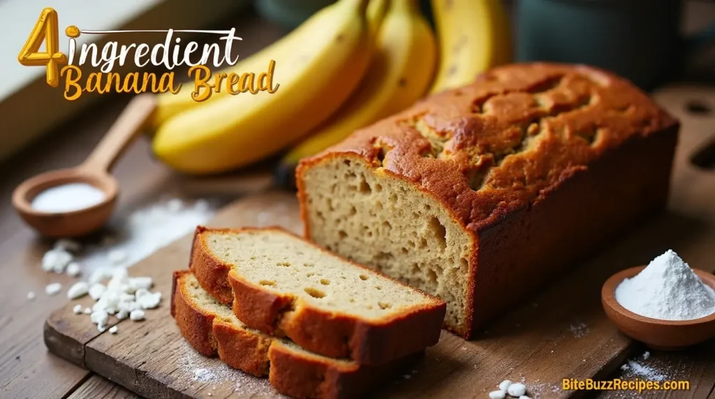 4 Ingredient Banana Bread: Quick, Easy, and Perfect Every Time 4 Freshly baked 4 ingredient banana bread with slices revealing a moist interior, surrounded by ripe bananas and baking ingredients, with '4 Ingredient Banana Bread' at the top and 'bitebuzzrecipes.com' at the bottom.