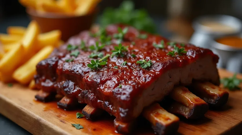 How to Cook The Perfect Beef Back Ribs: Easy Recipes Inside 3 Perfectly cooked beef back ribs with a caramelized glaze, served on a wooden platter with crispy fries and a dipping sauce.