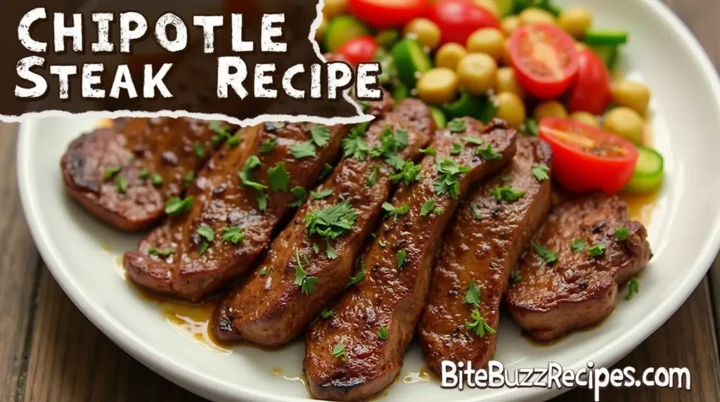 Delicious Chipotle Steak served with grilled vegetables and garnished with fresh herbs.