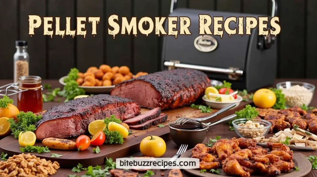 Top 5 Pellet Smoker Recipes for a Perfect BBQ 2 An outdoor BBQ spread featuring smoked brisket, ribs, chicken wings, and vegetables cooked using a pellet smoker.