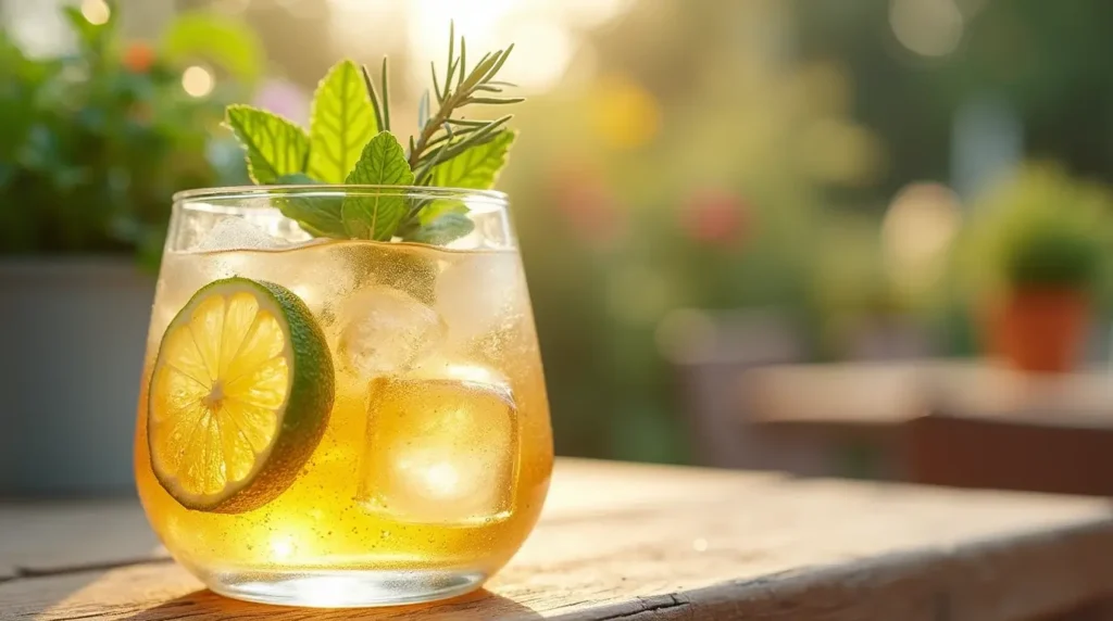 Hugo Spritz Cocktail Recipe: How to Make the Perfect St-Germain Spritz 4 A glass of Hugo Spritz cocktail with Prosecco, elderflower liqueur, soda water, garnished with mint leaves and lime slices, placed in a bright, summery setting.