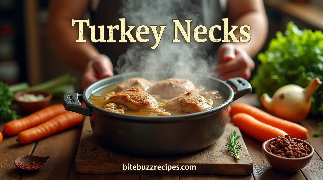 Steaming turkey necks in a pot with fresh vegetables and herbs in a cozy kitchen setting.